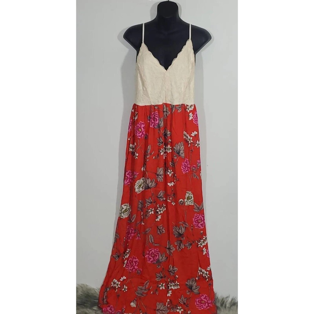 Blu Pepper Red Floral Ivory Lace Bodice Spaghetti Straps Maxi Medium Sundress